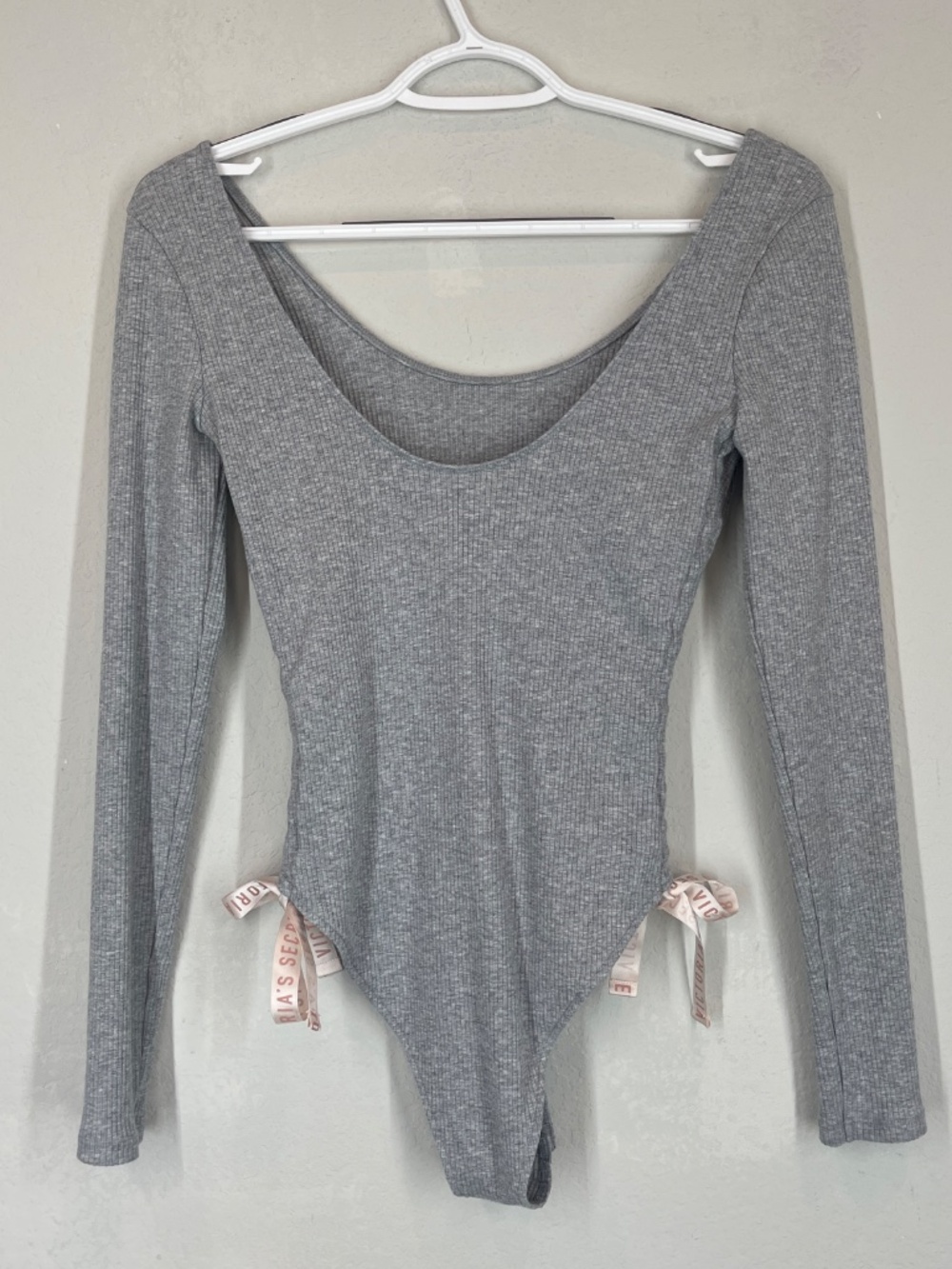 Victoria's Secret Ribbed Bodysuit Gray Women's S Long Sleeve Side Cinch